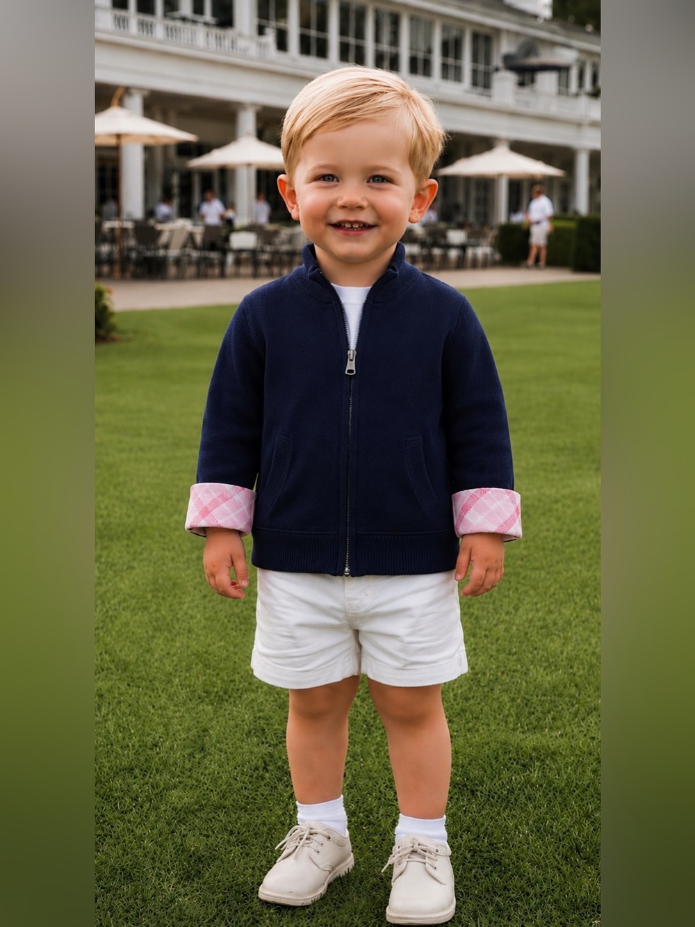 Burberry London Iconic Pink Nova Check Navy Check-Cuff Zip-Up Jacket
